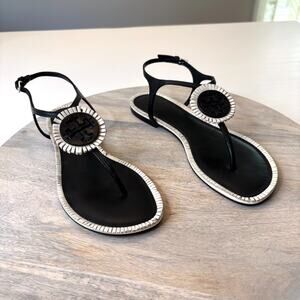 Tory Burch Miller Thong Sandals Black White Logo Leather Flip Flops Size 7M 7 M